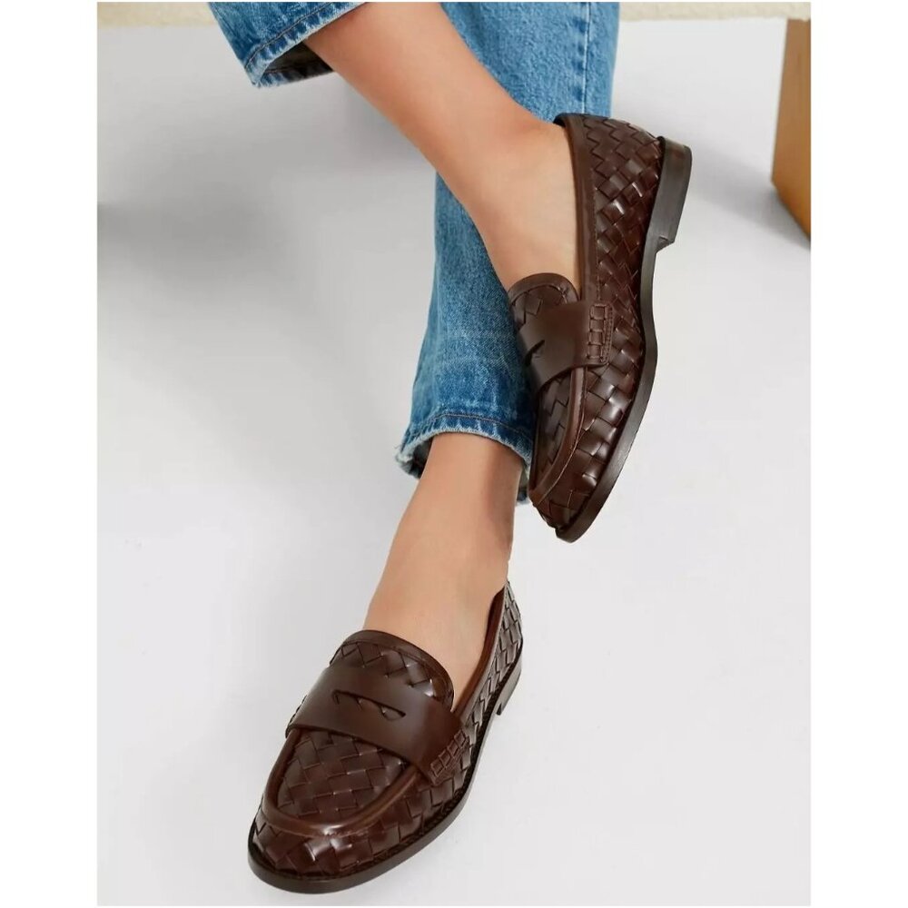 Loeffler Randall Brown Woven Leather Penny Loafers